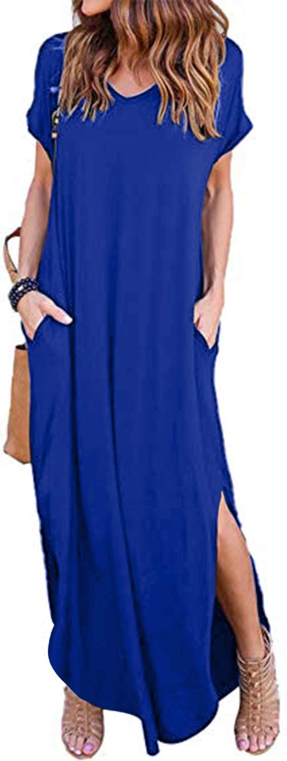 Women Boho Short Sleeve Pockets Summer Beach Split Long Black Maxi Dress