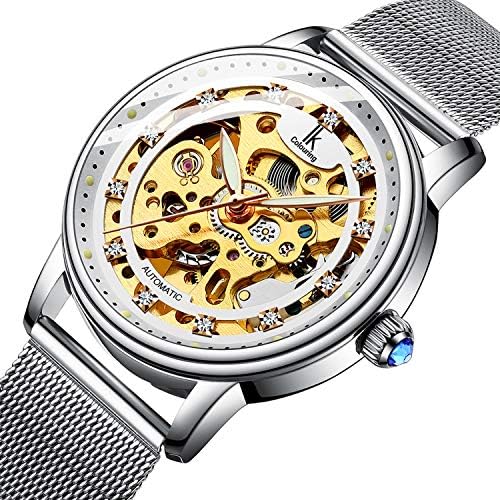 Bestn Women's Self Winding Wristwatches Skeleton Crystal Auto Mechanical Watch Mesh Watch Band