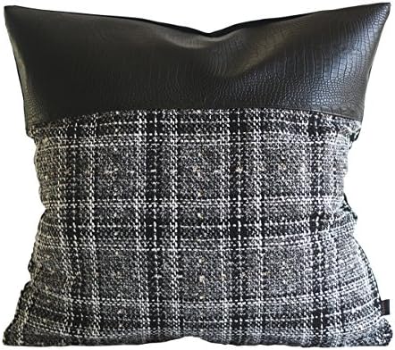 Kdays Tweed Gray Check Pillow Cover Designer Modern Throw Pillow Cover Decorative Faux Leather Pillow Cover Handmade Cushion Cover 18x18 Inches