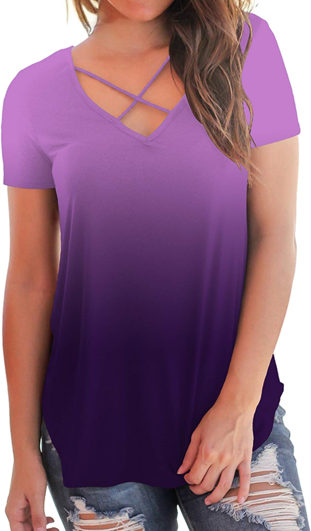 onlypuff Women Criss Cross Tops Short Sleeve Summer Casual T Shirts