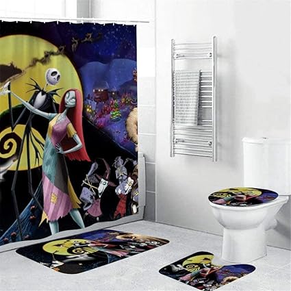 Amazon ナイトメアー ビフォア クリスマス シャワーカーテン4点セット ジャックとサリー シャワーカーテン バスルームラグ バスマット トイレ蓋カバー フック12個付き 浴室 ハロウィンデコレーション用 カラー19 72x72インチ シャワーカーテン ホーム キッチン