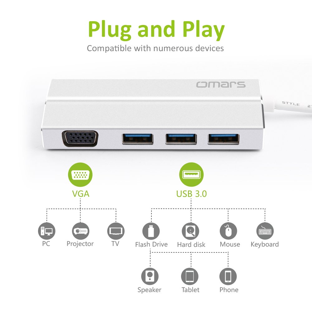 Omars USB C Hub VGA, 4-in-1 Aluminum 1080P VGA Adapter + 3 * USB 3.0 Ports for New Macbook, Macbook Pro 2016/2017, Google ChromeBook Pixel, Huawei Matebook and Other Type C Devices