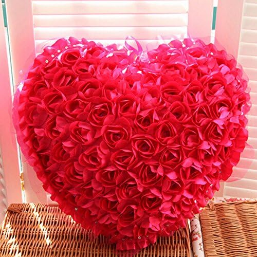 Peneric High Quality Satin Heart Rose Flower Bed Sofa Pillow Cushion Rose Flowers 15.7x13.7-inch Decorative Wedding (Rose Red (Rose pillow))