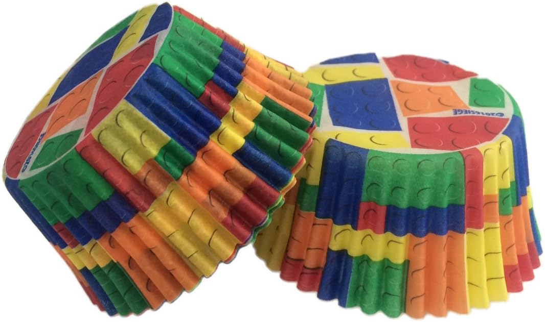 Building Bricks Premium Paper Cupcake Liners (32 count), No Muffin Pan Needed, Colored Block Design