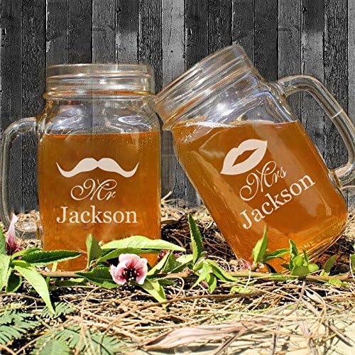Cute Mr and Mrs Wedding Mason Jars Personalized Engraved Beard Lip Glass Wedding Mason Jar for Bride and Groom Set of 2