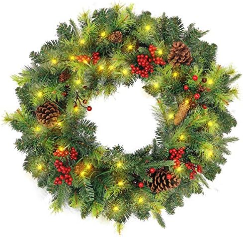 Leaflai クリスマスリース 玄関ドア装飾 レッドベリーとミックスしたレッドベリーと松ぼっくりとledウォームライト24インチ Wm1522 24w