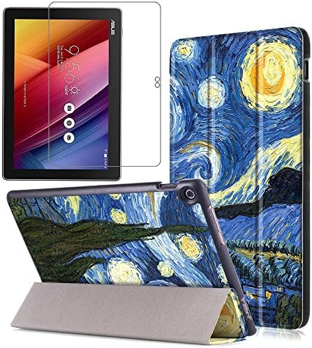Gzerma Asus ZenPad 10.1 Case with Screen Protector, PU Leather Flip Stand Smart Cover with Auto Wake/Sleep, Ultra Clear Protective Film for Asus ZenPad 10 Z300C Z300CG Z300CL Z300M Tablet, Sky