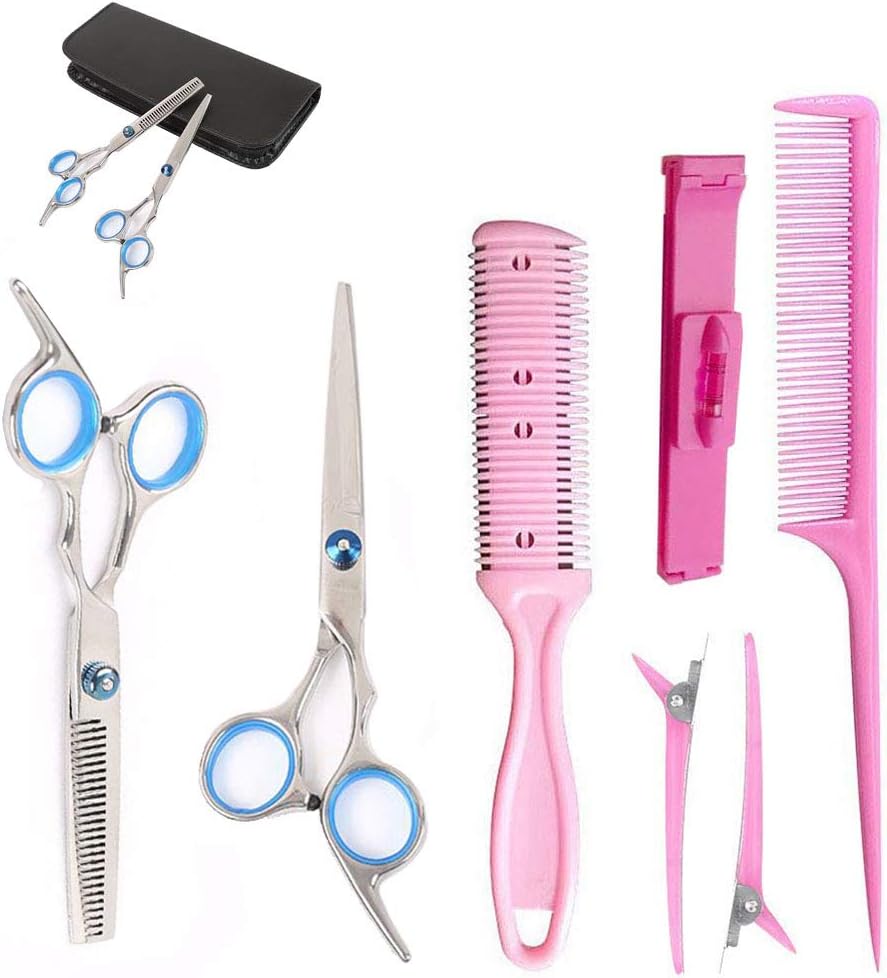 Hair Cutting Scissors Set 8Pcs Home Haircut Scissors Shears Professional Barber Salon Hairdressing Safety Scissors Set Include Thinning Scissor Hair Comb Leather Scissors Case for Kid Men Women (blue)