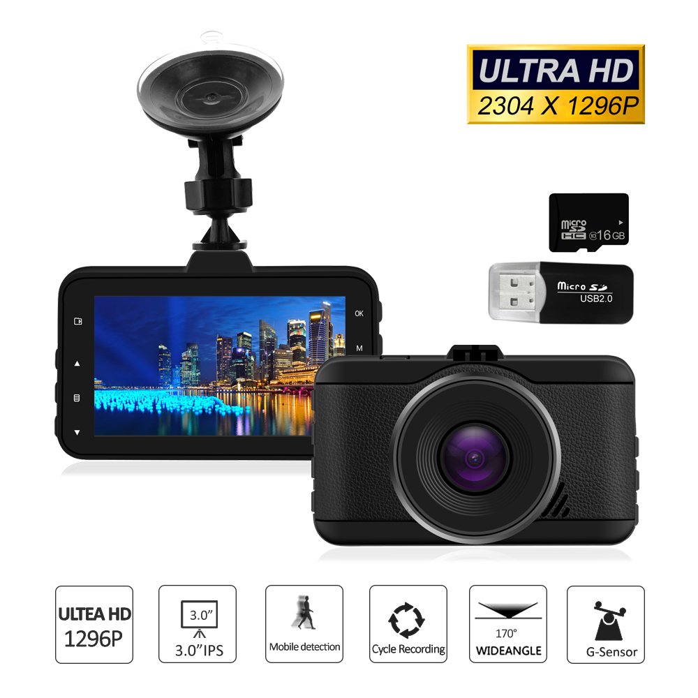 Ultra HD Dash Cam, 1296P Car Dash Cam Car Recorder 3 Inch LCD, 170 Degree Wide Angle Lens, Night Vision, WDR, G-Sensor, Loop Recording with 16GB SD Card