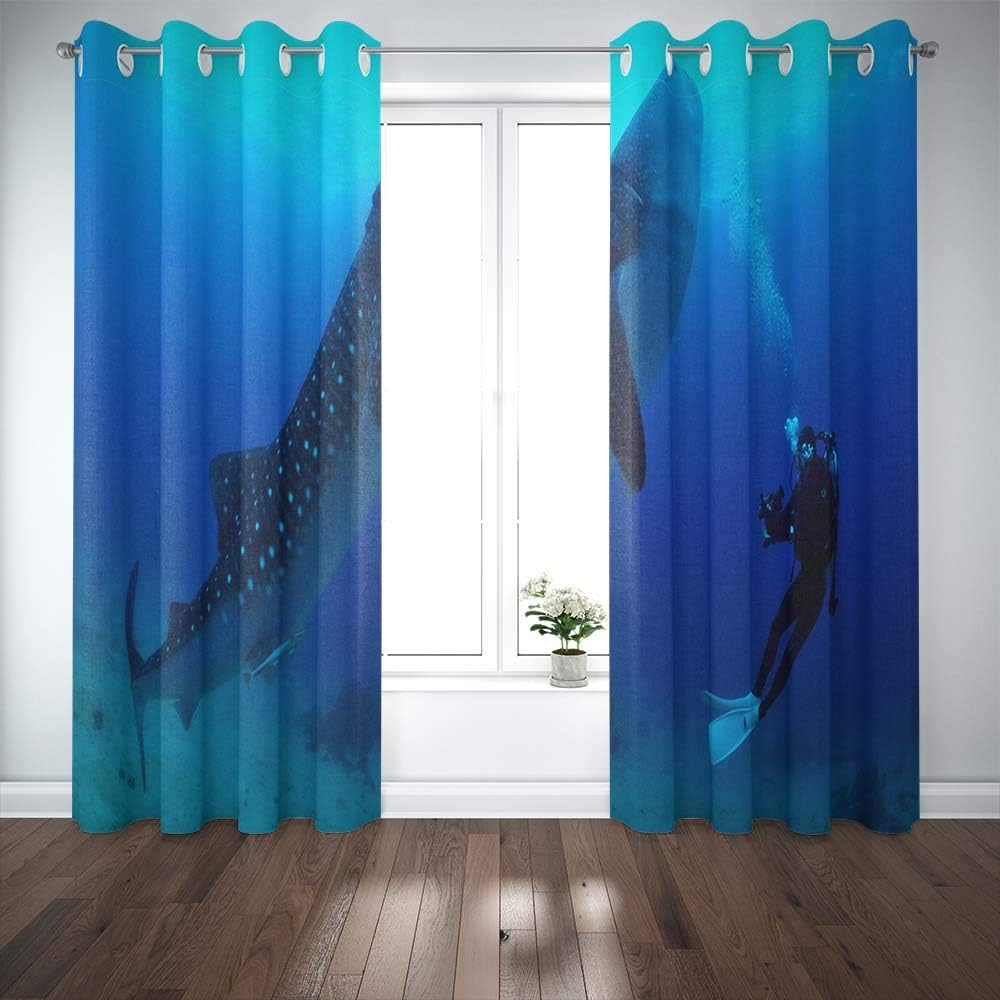 Shorping 52X84 Inch 3D Window Curtains, Privacy Window Curtain Huge Fish Whale Shark in The Sea Window Blackout Curtains for Bedroom,2 Pc