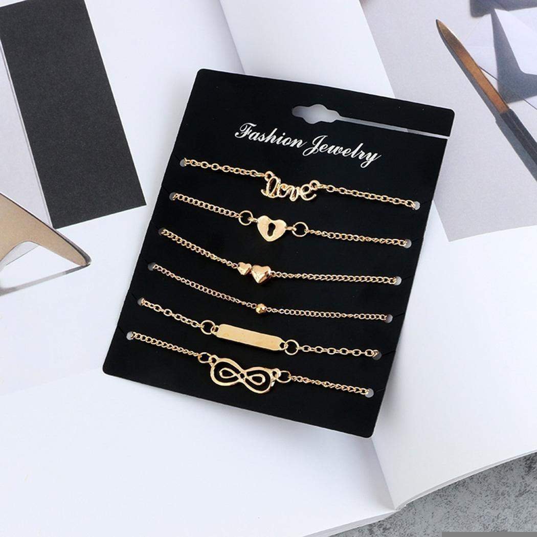 Jingjing1 Anklet Bracelets 6 Pcs Set Adjustable Fashion Heart Love Foot Chain