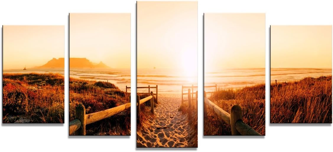 Wieco Art Sunrise Canvas Prints Wall Art Ocean Sea Beach Pictures Paintings for Living Room Bedroom Dining Room Home Decoration 5 Piece Modern Stretched and Framed Giclee Beige Red Landscape Artwork