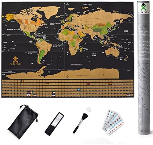 Scratch Off World Map Travel Poster (Large) - All US States & Country Flags Outlined, Detailed Cartography - Adventure Tracker Bundle Kit - Stunning Watercolor & Gold Foil - Perfect Gift for Travelers