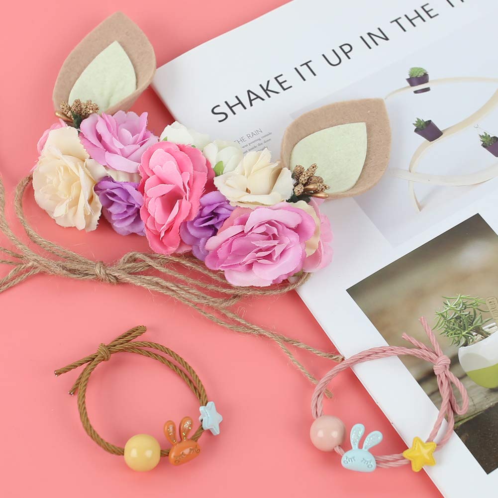 Easter Bunny Headband Set, 1PCS Beige Bunny Ear Headband with 2PCS hair rings