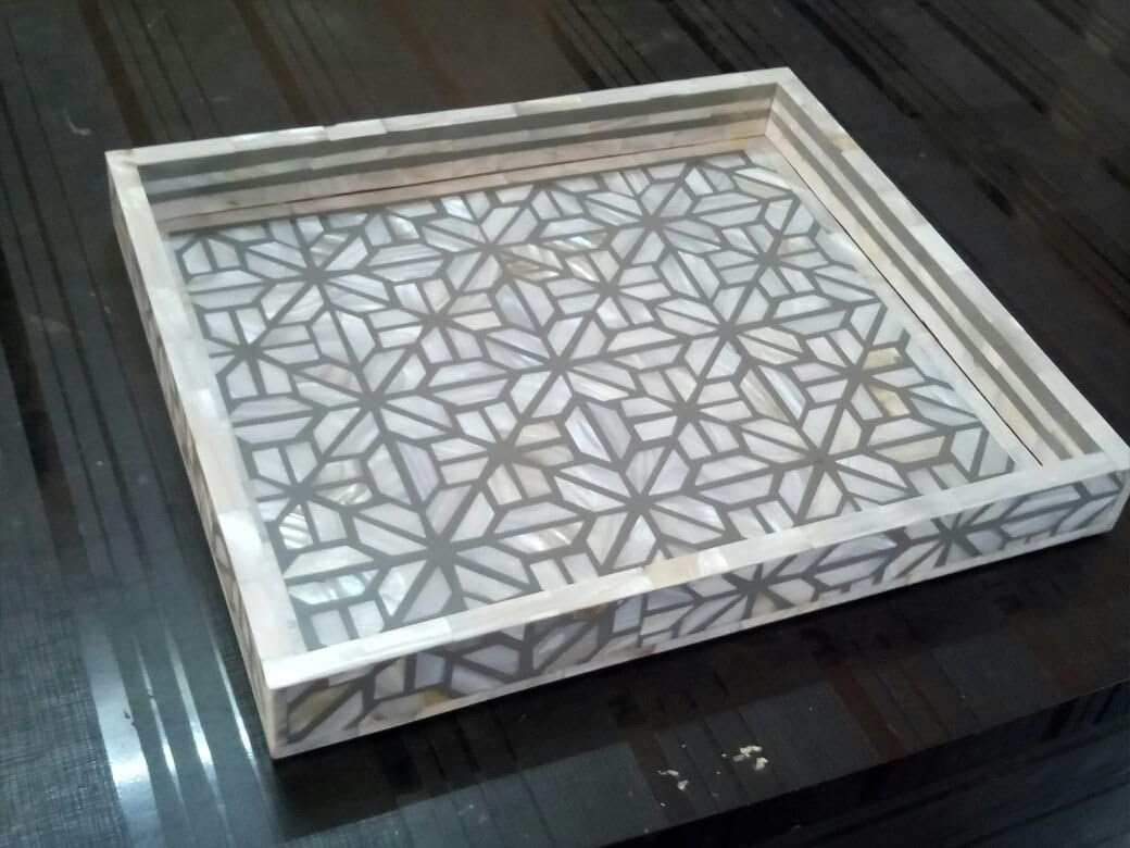 Yohi Decorative Tray Inspired by Moorish Moroccan Art | Handmade Naturals Bone Inlay Quatrefoil | All Purpose Serving Tray | Breakfast Coffee Table | Top from Handicrafts Home