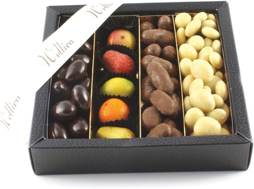 Wellivo Aimee Chocolate Nuts Gift Box - Chocolate Covered Almonds Orange peels marzipans Yogurt Raisins Gourmet Gift