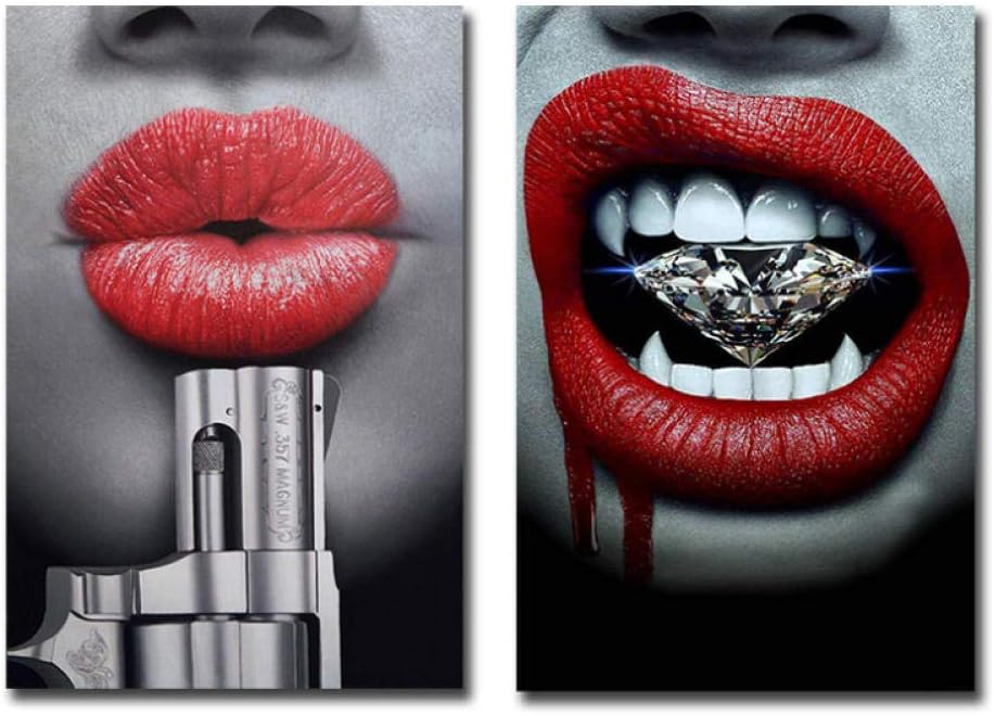 Modern Abstract Red Lips Canvas Posters and Prints Printed Wall Art Canvas Painting Decoration Salon/50x70cmx2Pcs-No Frame