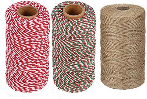 Oexper 3 Rolls Christmas Twine - 2 Rolls 328 Feet Christmas Twine 2 mm Cotton String and 1 Roll 300 Feet Jute Twine 1 mm Packing String for Baking, Butchers, Crafts and Christmas Gift Wrapping