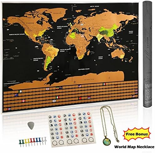 Scratch off World Map Poster - Deluxe Large Edition with US States Outlined and Country Flags - Free Travel Map Necklace, Scratch tools, Map Pins and Memory Stickers - Perfect Wall Art Gift for Travel