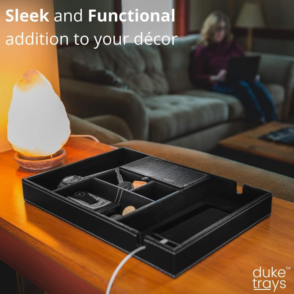 duke trays Valet Tray for Men, Nightstand Organizer, Entry Table Organizer, Catch All Tray, Dresser Organizer, Black Faux Leather Box, 6 Compartments: Home Improvement