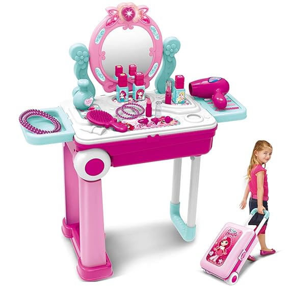 XC TOYS 2 in 1 Schminktisch und Koffer Kinder Frisiertisch mit Hocker Licht Sound Schönheitsstudio für Mädchen, Rosa