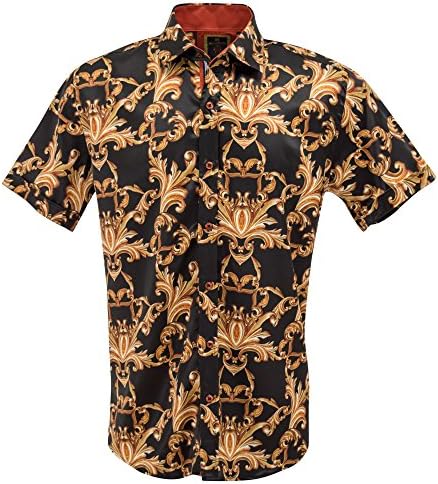 Oscar Banks Satin Black and Gold Baroque Print Short Sleeve Mens Shirt SL6394 Large Black