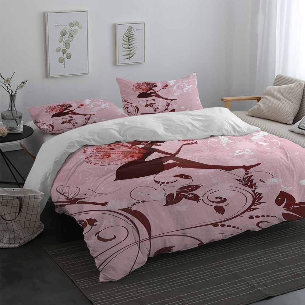 Fantasy Duvet Cover Set with Invisible Zipper Closure Fairy Pixie Girl Madam Butterfly with Curved Flower Cute Girls Surreal Print 3 Pieces (1 Duvet Cover + 2 Pillow Shams) Pale Pink Maroon Twin