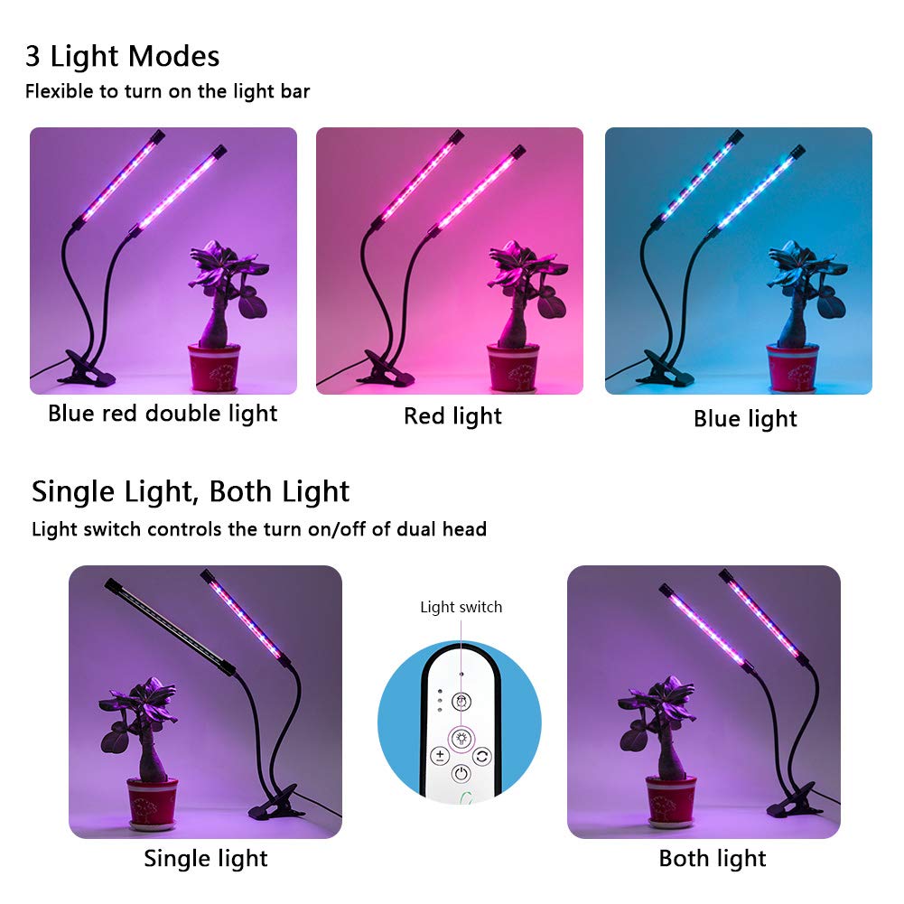 Indoor Plant Grow Light, GIGRIN 27W Plant Light 4/8/12H Timer Grow Lamp for Indoor Plants Hydroponics, Adjustable Gooseneck, Dual Head and Red/Blue LED Beads Divide Control (5 Dimmable Levels)