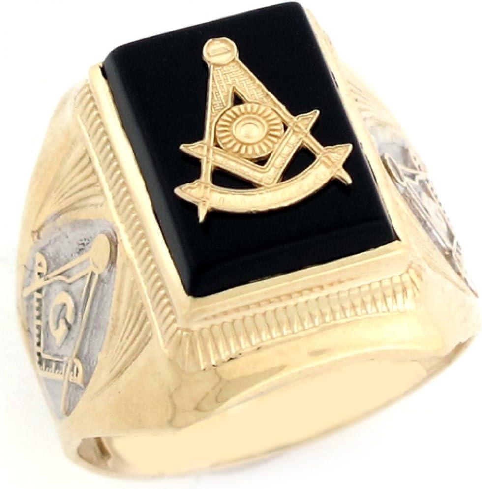 14k Two Tone Real Gold Past Master Freemason Masonic Onyx Mens Ring