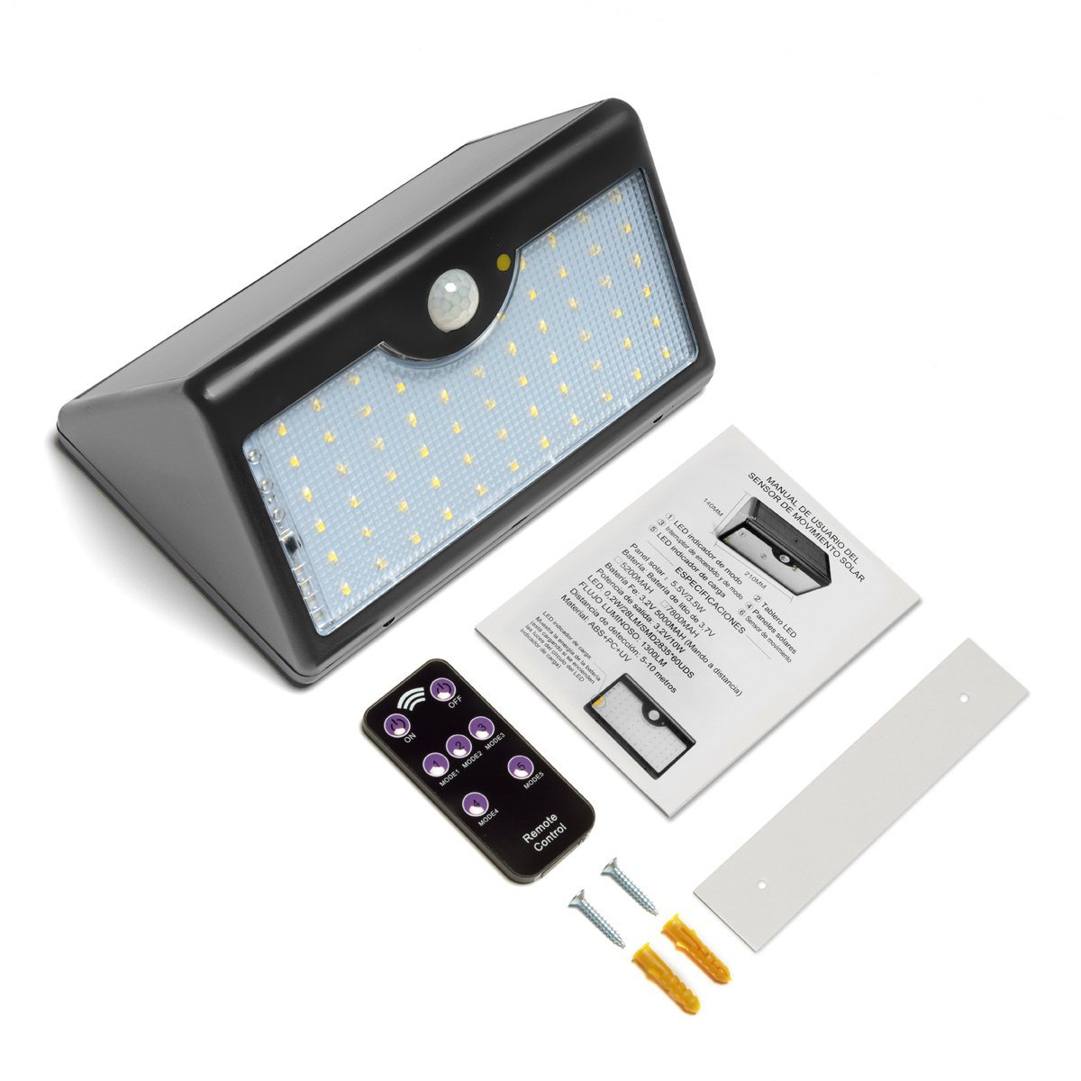 EcoSolarGLB Luz Solar LED Lampara Foco - Luces Solares 60 LEDS Iluminación 1300 lúmenes con sensor de movimiento 5 MODOS distintos control remoto y autonomía de energía hasta 12h - Uso en áreas de casa exterior jardín patio entrada escalera