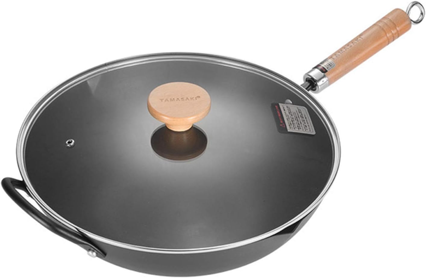 tamasaki Cast Iron Wok with Wooden Handle and Lid, Uncoated Double Guide Port 13inch