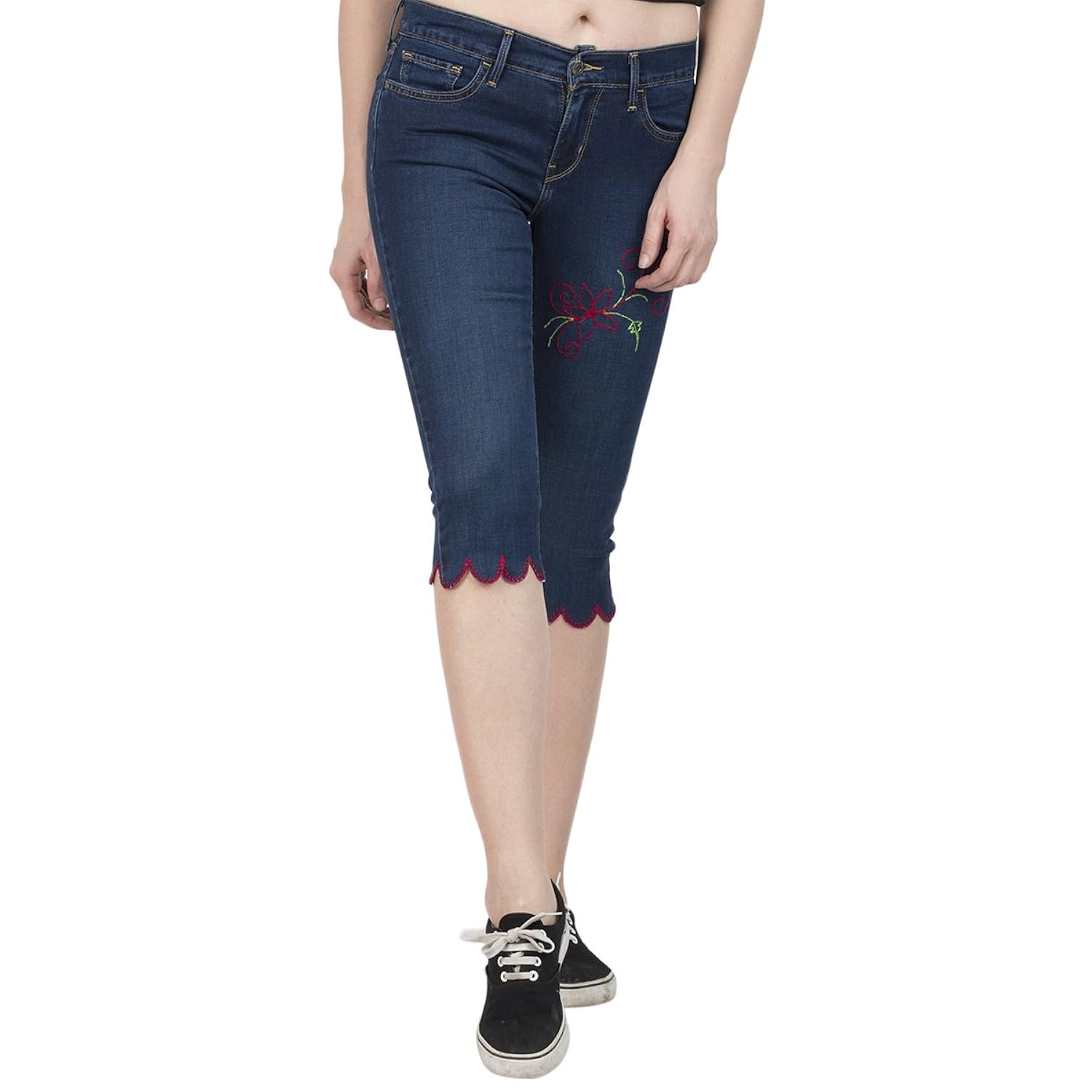 estrolo red piping embroidered blue women's capris