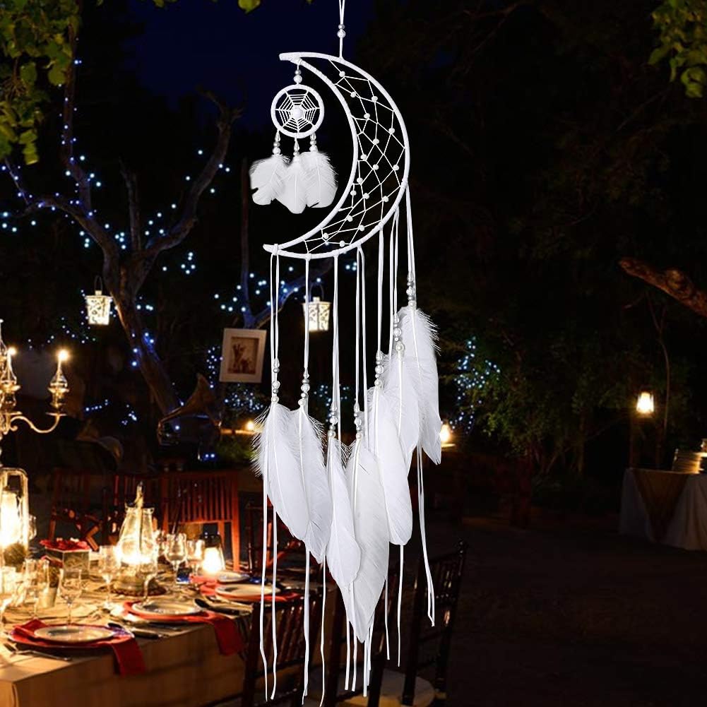 Dremisland White Dream Catcher Handmade Moon Design with Feathers Indian Dreamcatcher Wall Hanging Home Decoration Ornament Festival Craft Gift - Image 3
