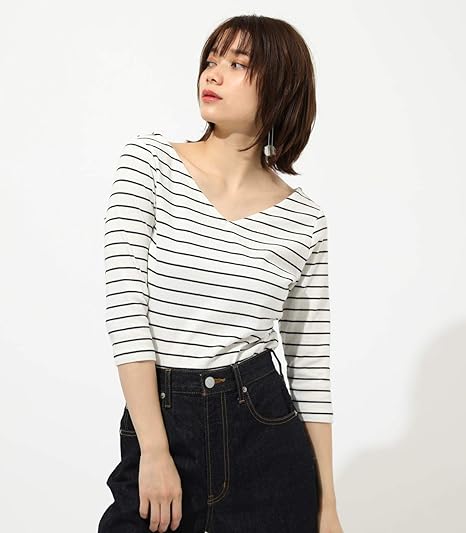 Amazon アズールバイマウジー Tシャツ リブ トップス 五分袖 前後2way 250css80 372c M 白 白 レディーズ Tシャツ カットソー 通販