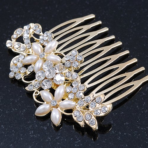 Bridal/ Wedding/ Prom/ Party Gold Plated Clear Crystal and Light Cream Simulated Pearl Floral Hair Comb - 50mm