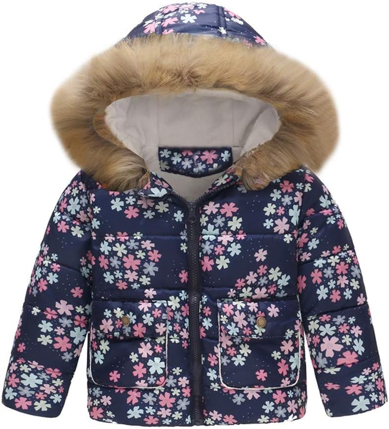 Kasien Baby Toddler Girls Boys Cartoon Floral Stars Flower Dinosaur Butterfly Prin Winter Warm Jacket Hooded Windproof Coat