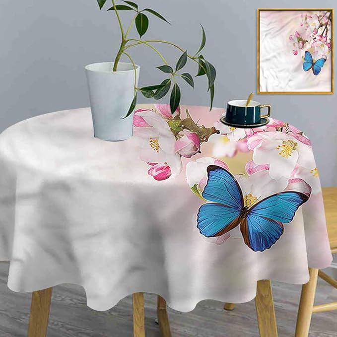 shirlyhome Tablecloth Round Butterfly Stain Resistant Tablecloth Blue