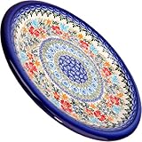 Polish Pottery Ceramika Boleslawiec,  1103/238, Dinner Plate 26, 10 1/4 Inches, Royal Blue Patterns with Red Cornflower and Blue Butterflies Motif