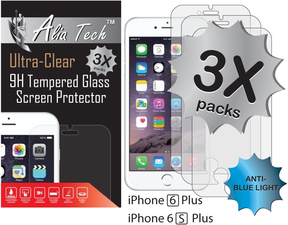 iPhone 6s Plus Screen Protector, 3 Pack Alia Tech™ Anti-blue Light Tempered Glass Screen Protector iPhone 6s PLus, Eyes Protection screen protector iPhone 6 Plus, For 6&6s Plus.