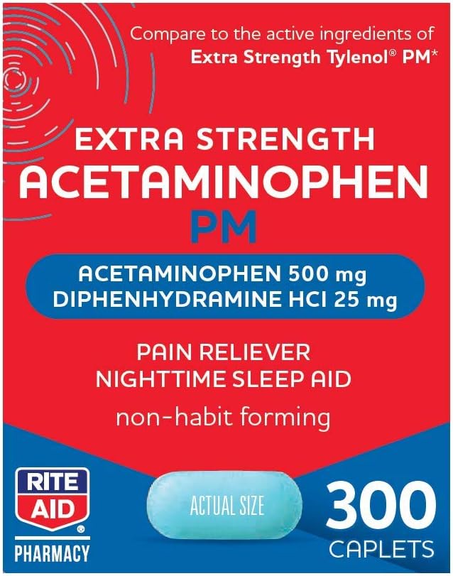 Rite Aid Acetaminophen PM Caplets - 300 Caplets | Sleep Aid & Pain Relief | Acetaminophen Extra Strength | Pain Reliever | Sleep Aids for Adults | Arthritis Pain Relief | Real Time Pain Relief: Health & Personal Care