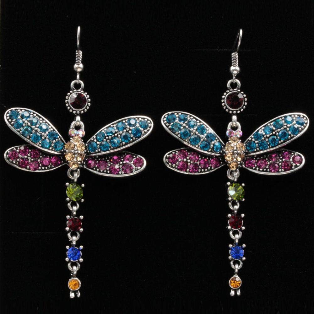 GuGio Gorgeous Colors Dragonfly Crystal Rhinestone Silver Plated Hook Earrings Dangle Earrings
