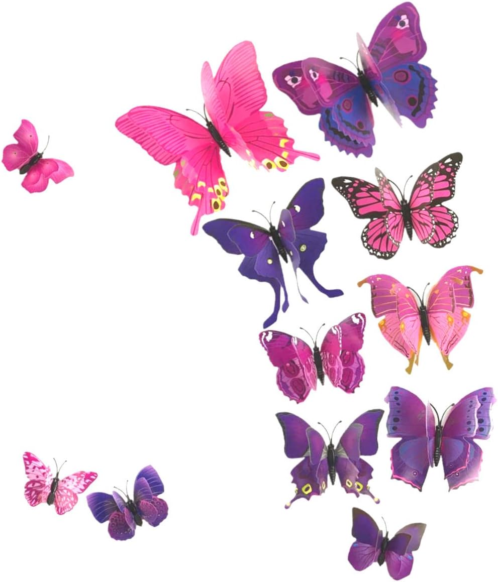 AKOAK 24 Pcs 3D Butterfly Wall Stickers, Double-Layer Wing Butterfly Art Decor Decals with Magnet and Double-Sided Adhesive for Room Home Nursery Decor,Pink/Purple