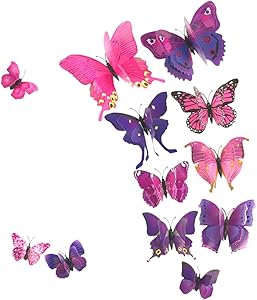 AKOAK 24 Pcs 3D Butterfly Wall Stickers, Double-Layer Wing Butterfly Art Decor Decals with Magnet and Double-Sided Adhesive for Room Home Nursery Decor,Pink/Purple