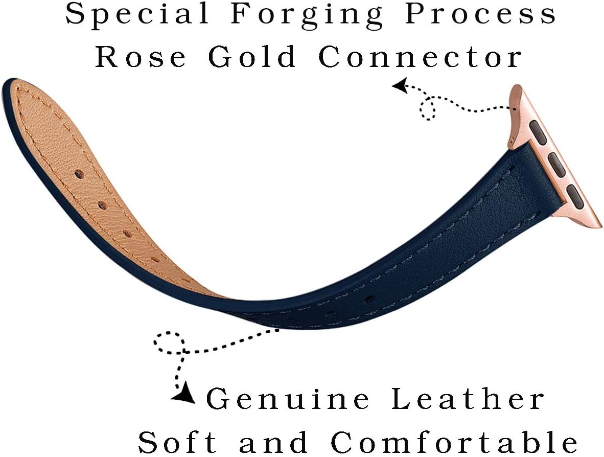 SUNFWR Compatible with Apple Watch Strap 42mm 44mm 45mm,Genuine Leather Strap Replacement,Slim&Thin Wristband for iwatch Series 7/6/5/4/3/2/1,SE(42mm 44mm 45mm,Dark blue&Rosegold) - Image 4