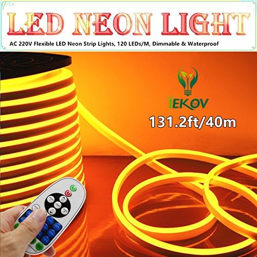 IEKOV LED NEON LIGHT, trade; AC 220V Flexible LED Neon Strip Lights, 120 LEDs/M, Dimmable, Waterproof 2835 SMD LED Rope Light + Remote Controller for Home Decoration (131.2ft/40m, Golden Yellow)