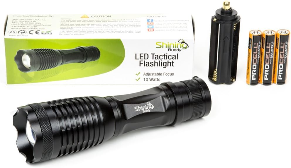 LED Tactical Flashlight by Shining Buddy | 5-Mode Military Flash Light | Portable And Zoomable Torch, Water Resistant, Adjustable Focus | 3 AAA Batteries Included and Installed!