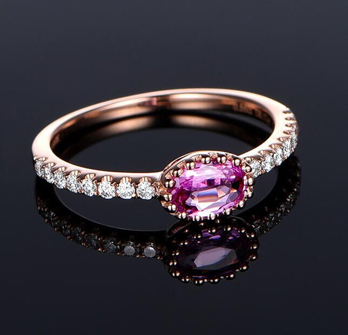 Oval Pink Sapphire Engagement Ring Pave Diamond Wedding 14K