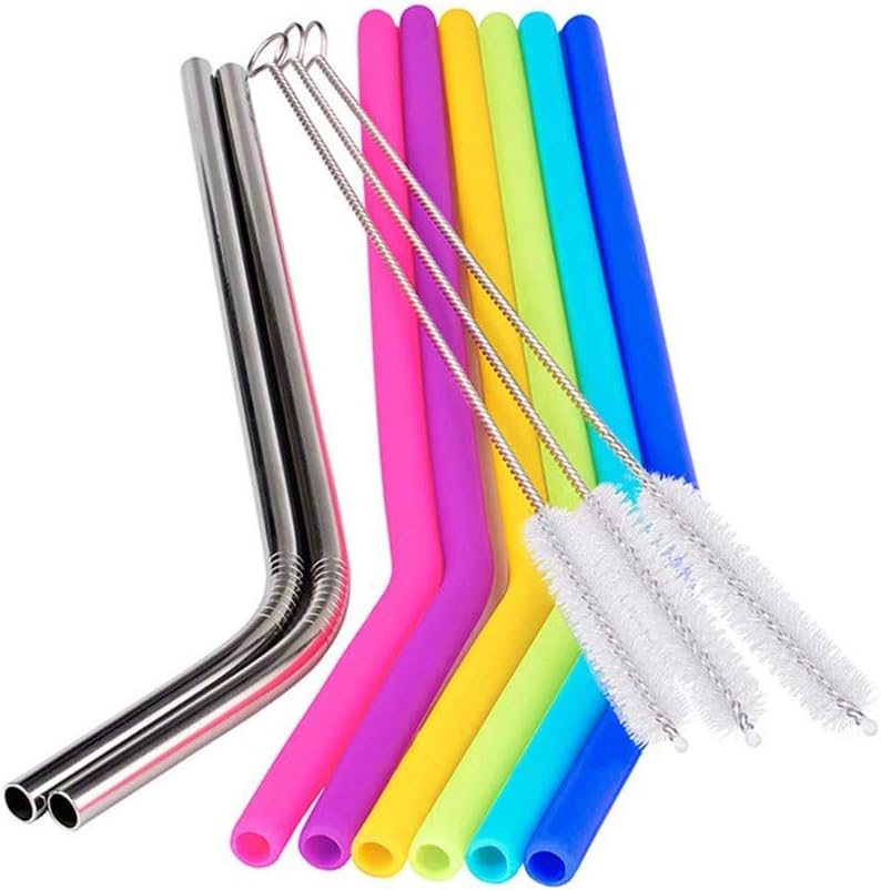 Diadia Portable Reusable Silicone Drinking Straws Long Flexible Straws with Cleaning Brushes
