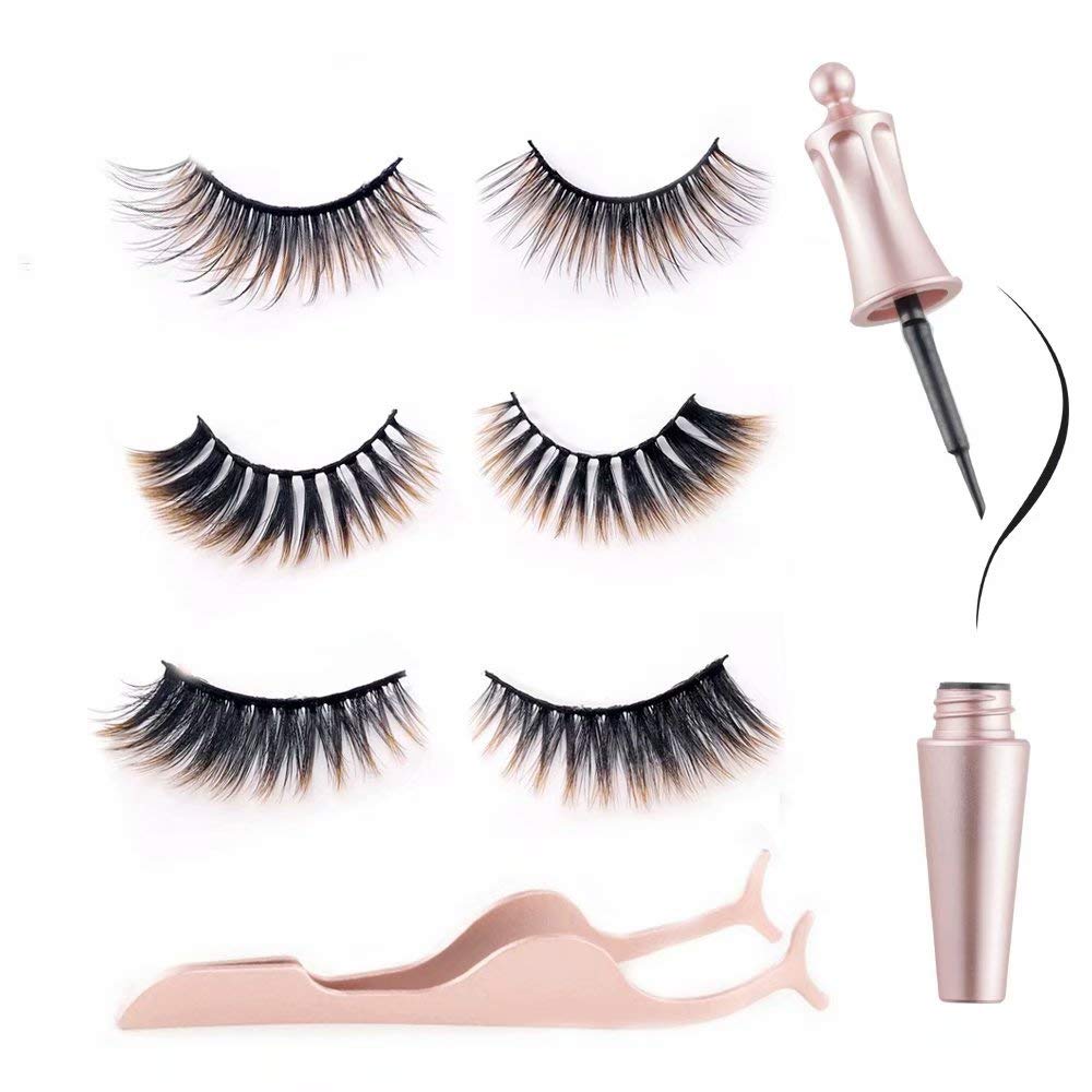 3D Magnetic Brown Eyelashes and Magnetic Eyeliner Kit 3 Style with Tweezers(brown)