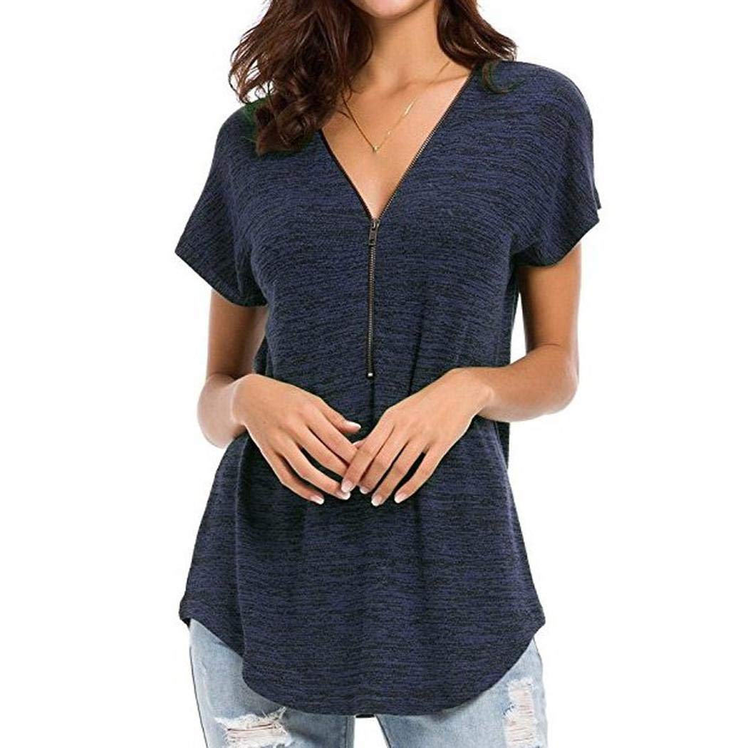 Suidone Womens Loose Fitting Zip Up Deep V Neck Short Sleeve Tops Tunic Casual T Shirts Blouse Blue